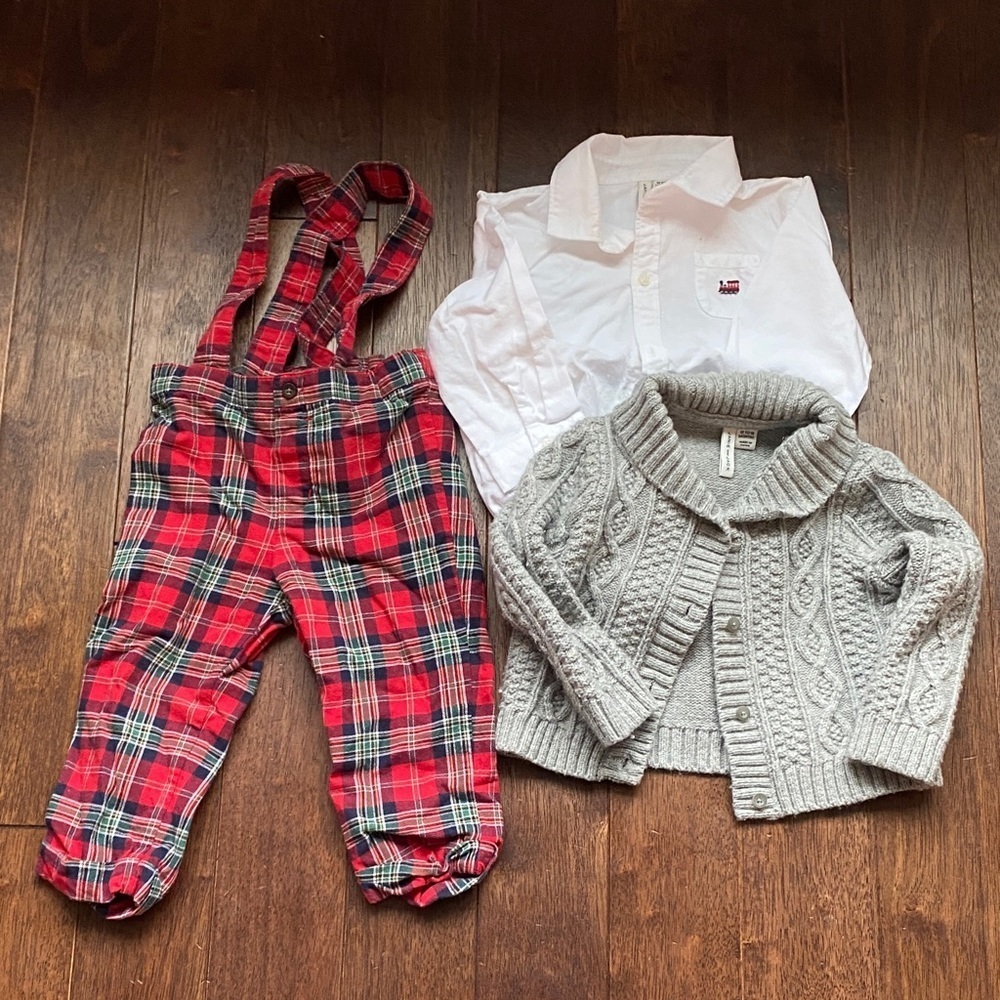 Janie and Jack Red Plaid Overalls with Gray Sweater Set